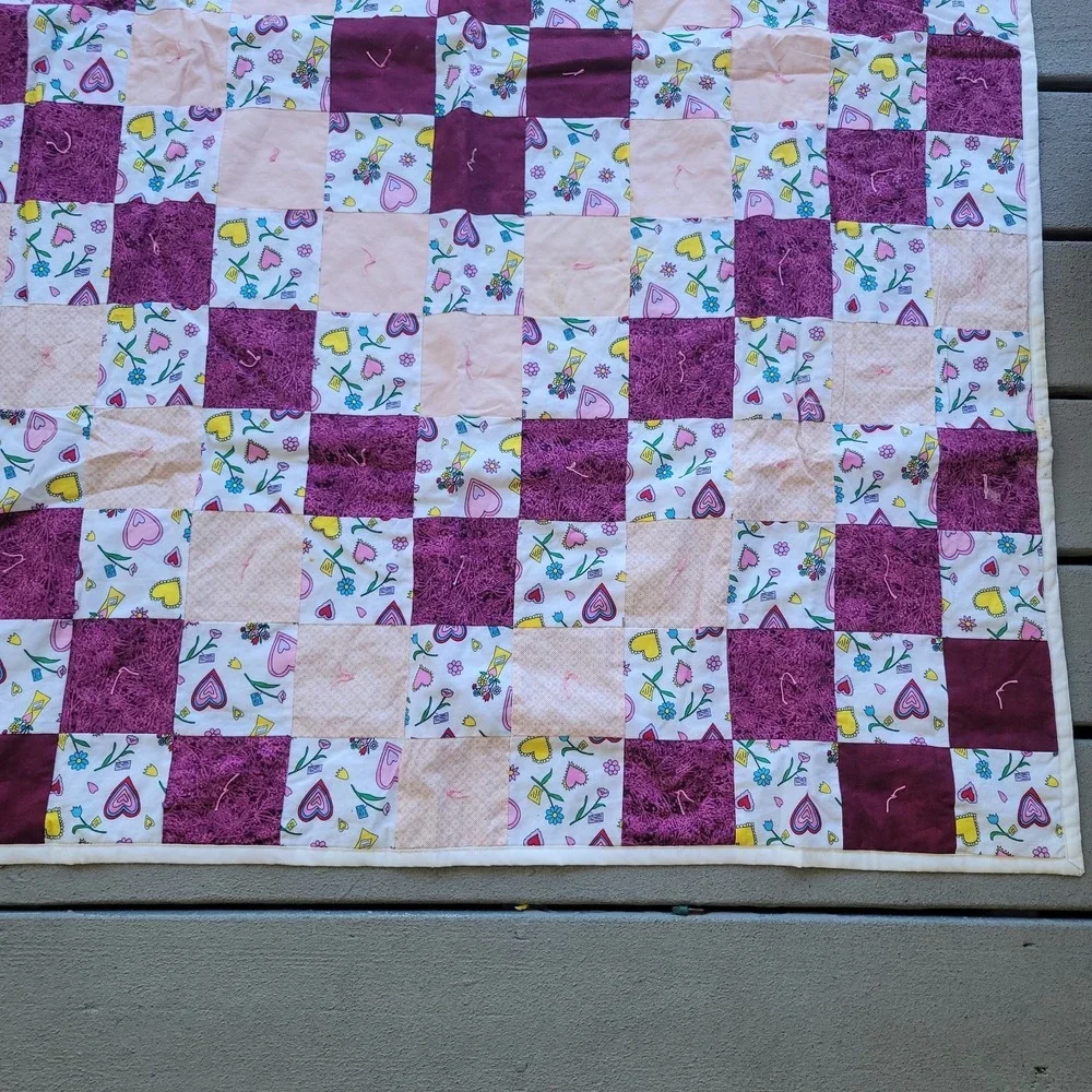 COUNTRY COTTTAGE GARDEN OF PINK FLOWERS & FUSCIA PATCHWORK THROW QUILT Handmade